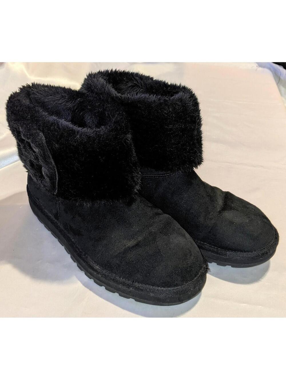 Vintage Skechers Womens Black Suede Faux Fur Lined Foldover Button Boots Size 10